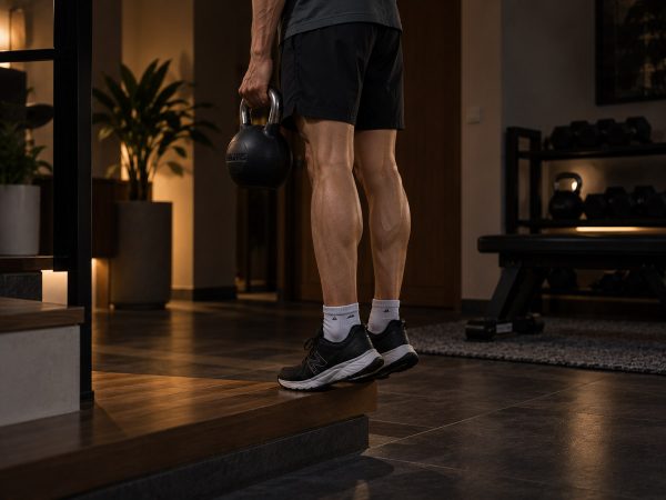 Pria Kurus Berlatih Calf Raise dengan Kettlebell MAGNUS